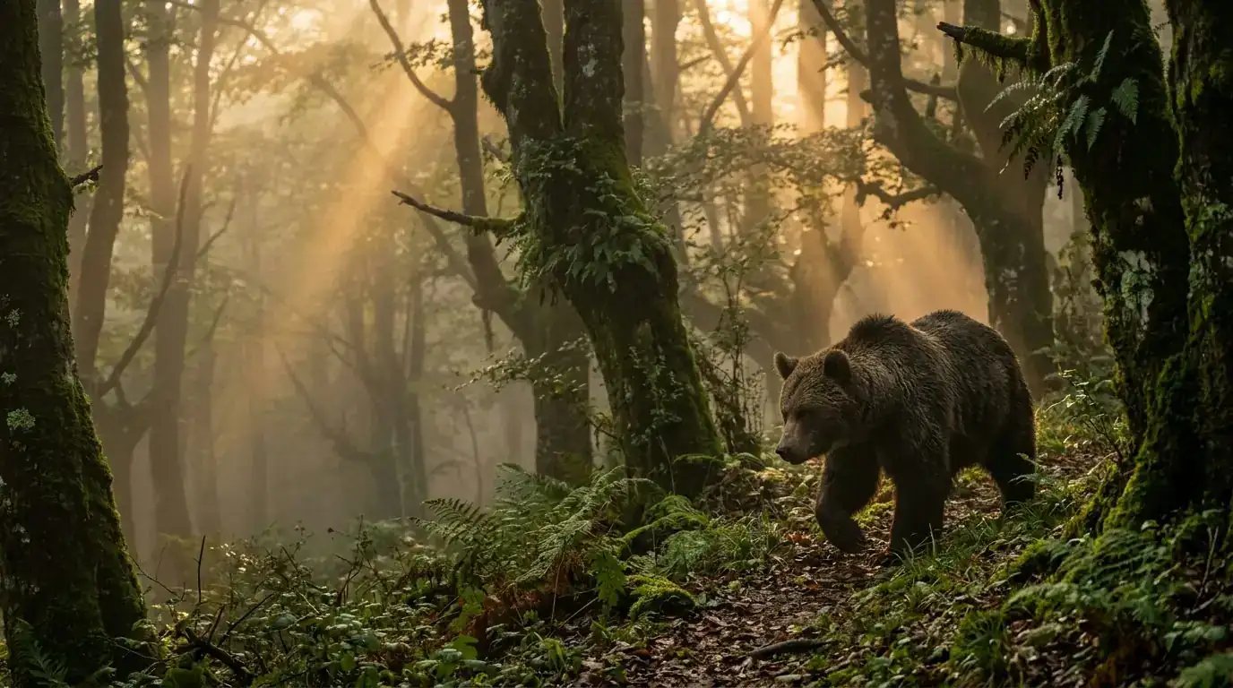 Brown bear in the misty forest